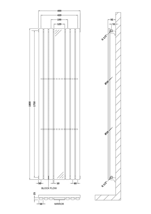 Single Panel Radiator With Mirror 1800 x 499 High Gloss White