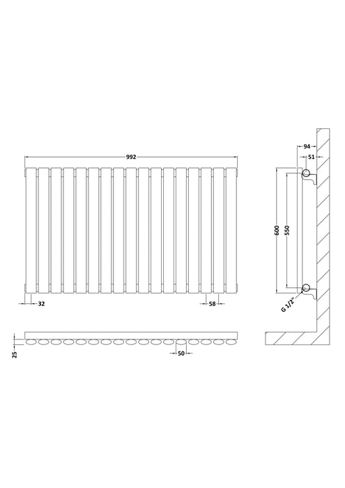 Horizontal Single Panel Radiator 600 x 992 High Gloss White